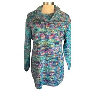Vintage CHU Cowl Neck Tunic Sweater Teal Multicolar Variegated Yarn SMALL Mohair